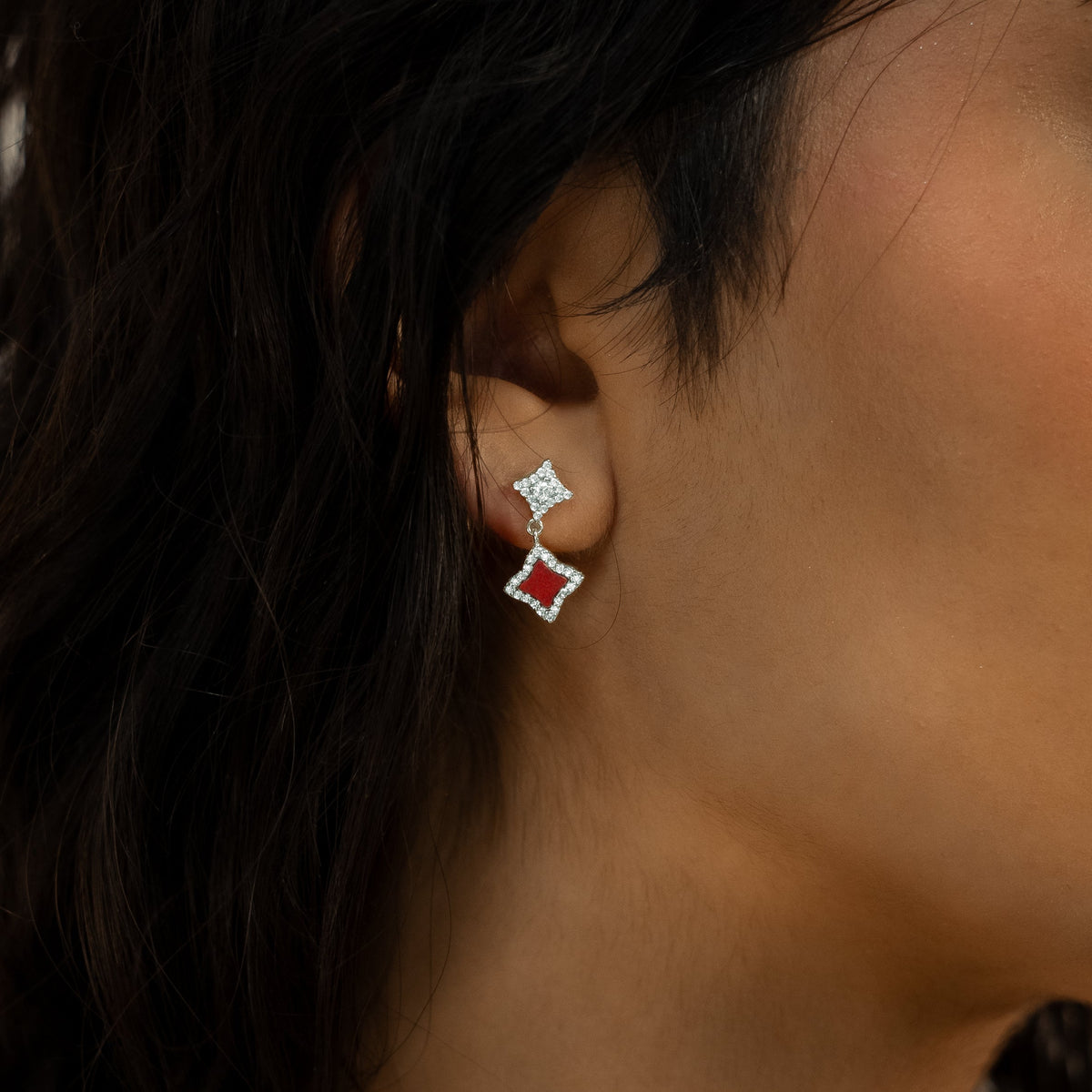 Stars & Flowers earrings argentées - Motif rouge