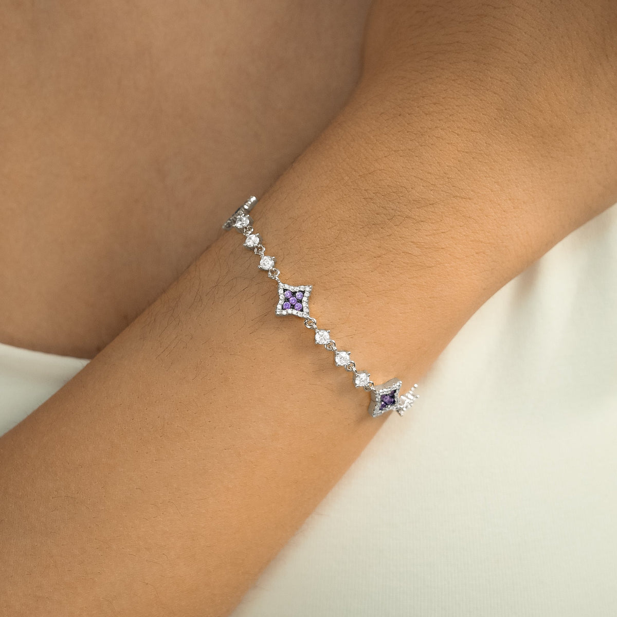 Bracelet Flower Tennis Argenté - Pierres violettes