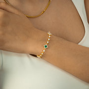 Bracelet Flower Tennis Doré - Motif Blanc & Vert
