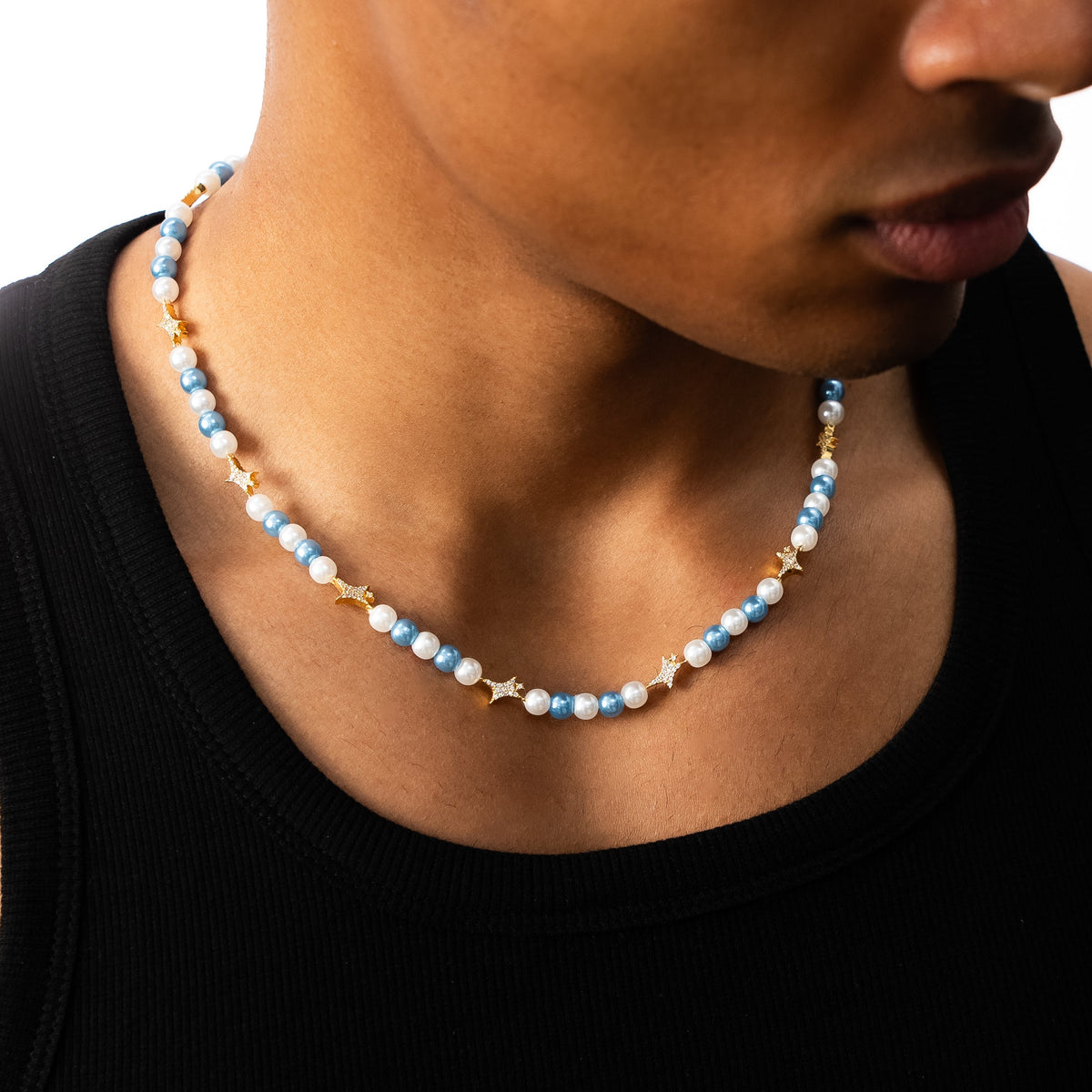 Chaîne perlée Signature Dorée - Blanc et Bleu