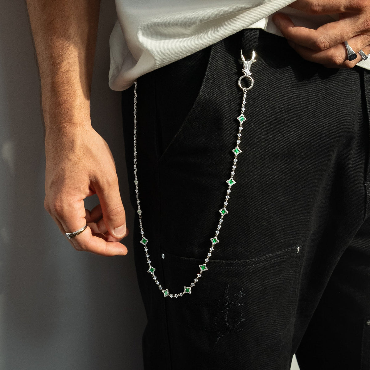 Wallet Chain Flower Tennis Argentée - Motif Vert