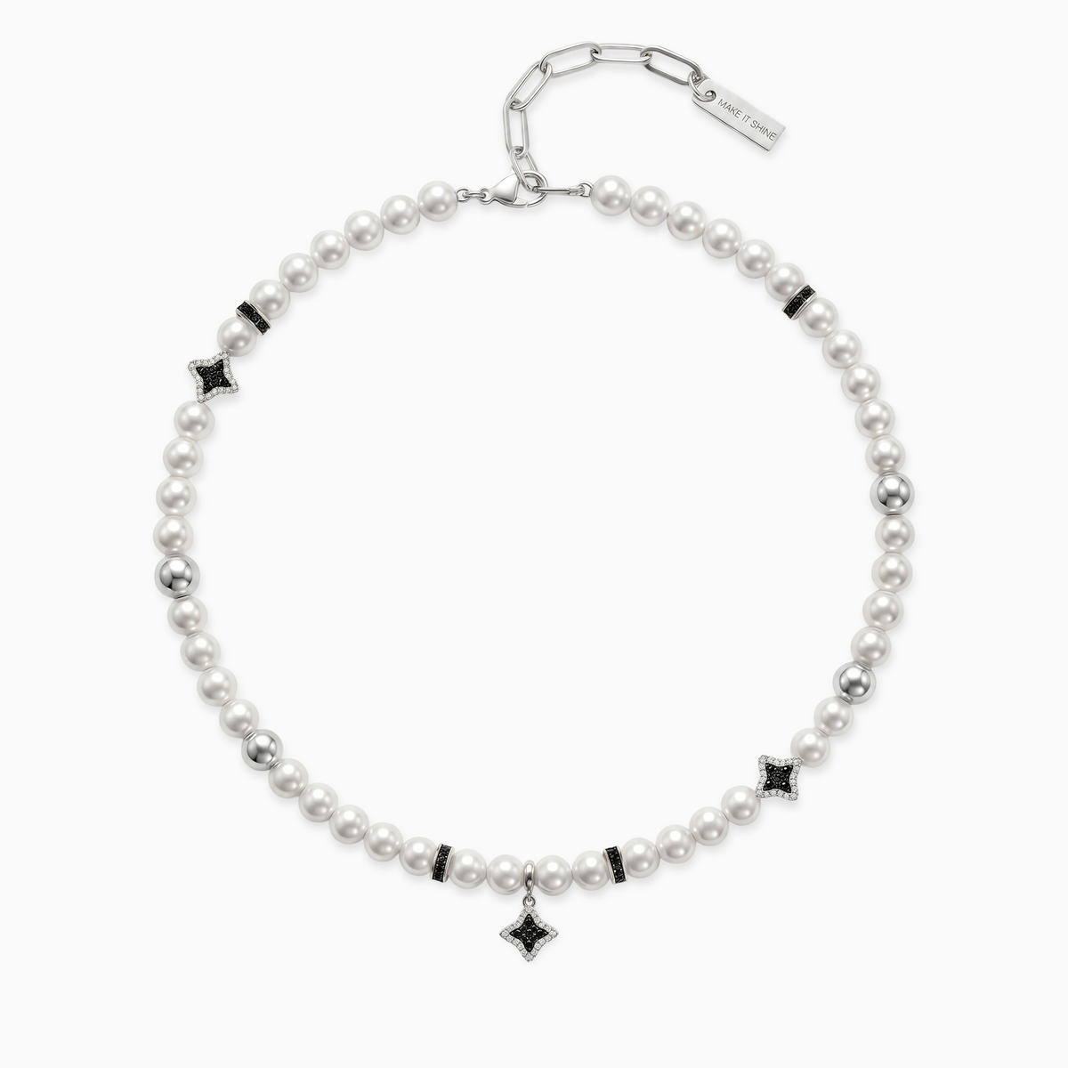 Chaîne Flower Pearl Argentée - Pierres Noires