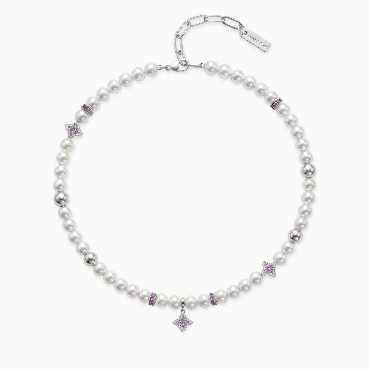 Chaîne Flower Pearl Argentée - Pierres Violettes